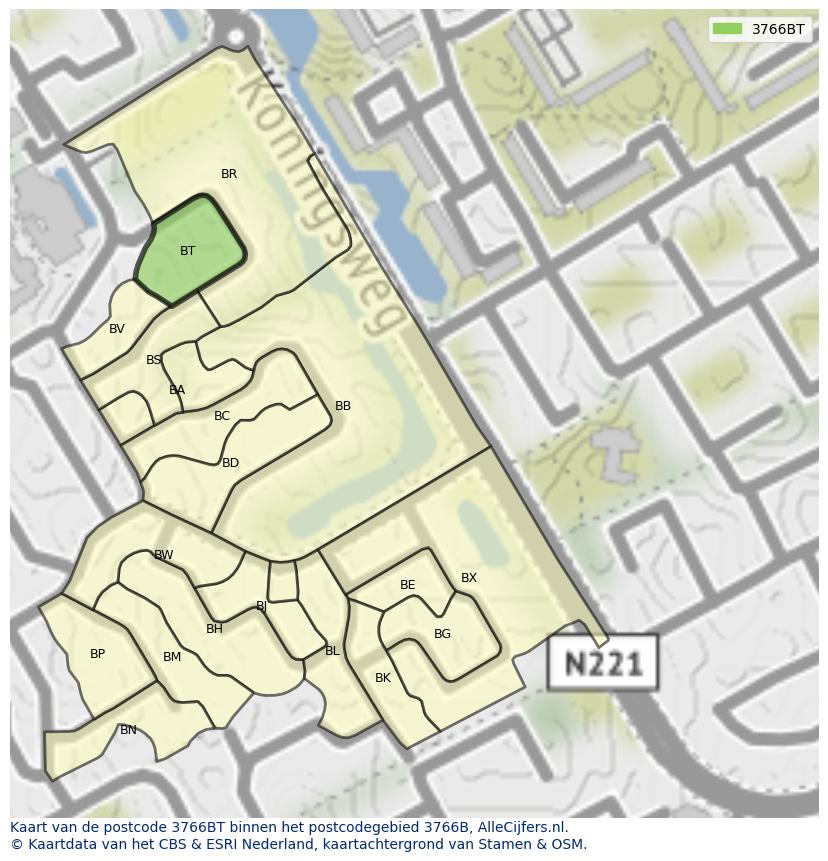 Afbeelding van het postcodegebied 3766 BT op de kaart.