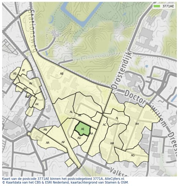 Afbeelding van het postcodegebied 3771 AE op de kaart.