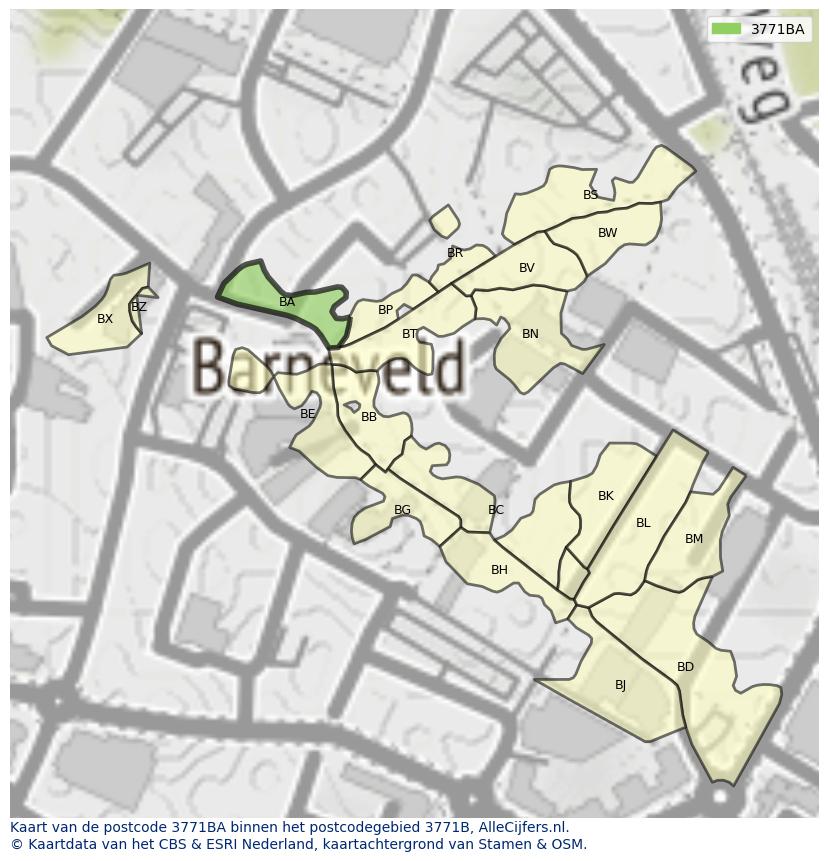 Afbeelding van het postcodegebied 3771 BA op de kaart.
