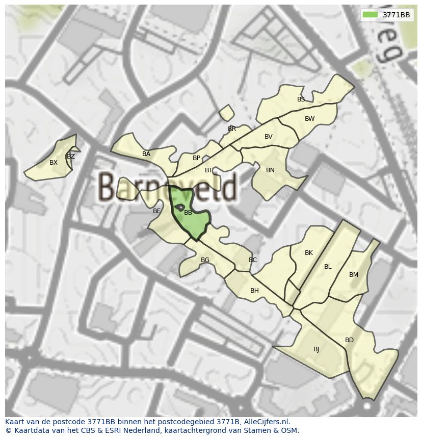 Afbeelding van het postcodegebied 3771 BB op de kaart.