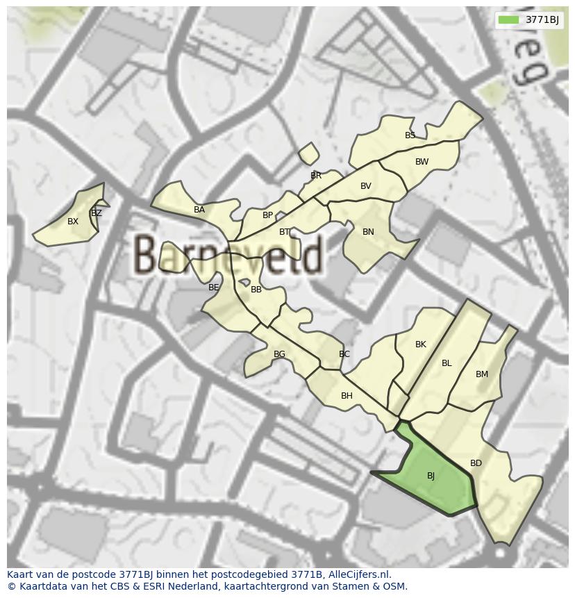 Afbeelding van het postcodegebied 3771 BJ op de kaart.