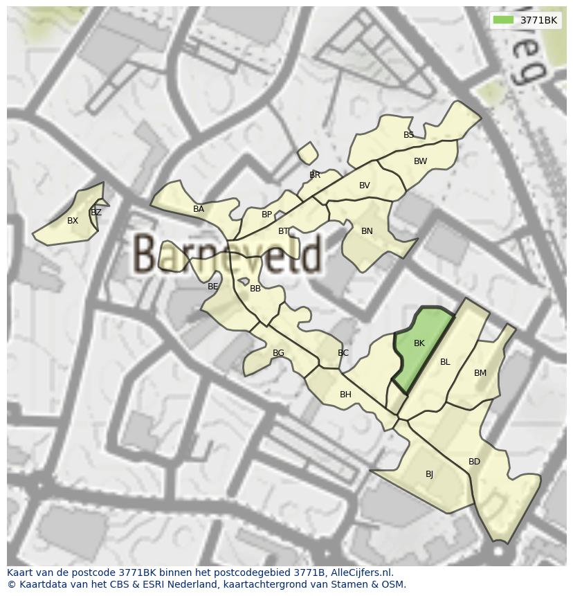 Afbeelding van het postcodegebied 3771 BK op de kaart.