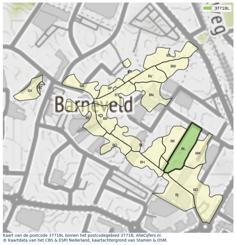 Afbeelding van het postcodegebied 3771 BL op de kaart.