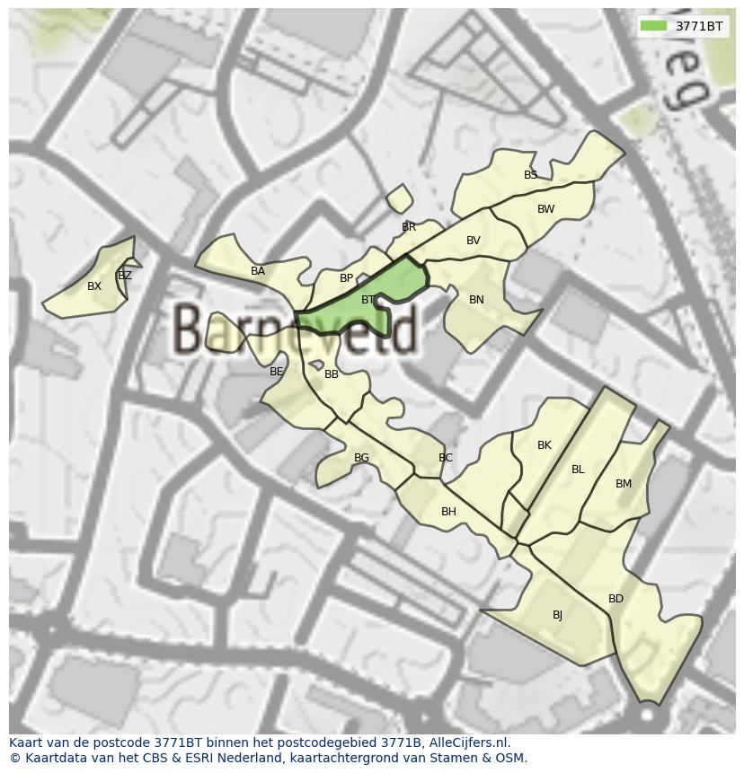 Afbeelding van het postcodegebied 3771 BT op de kaart.