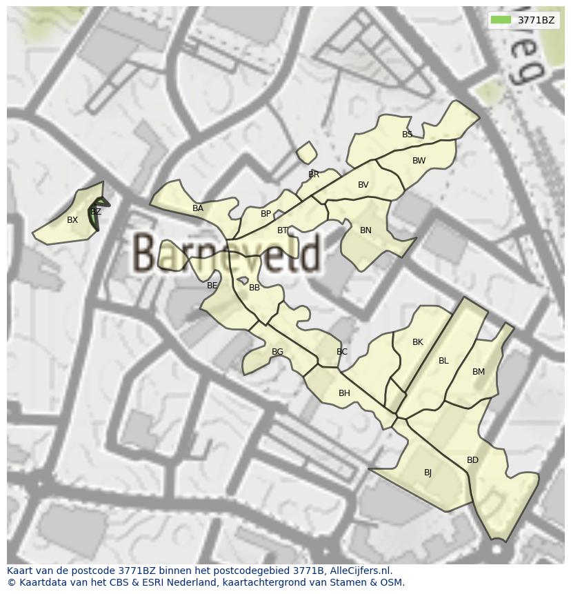 Afbeelding van het postcodegebied 3771 BZ op de kaart.