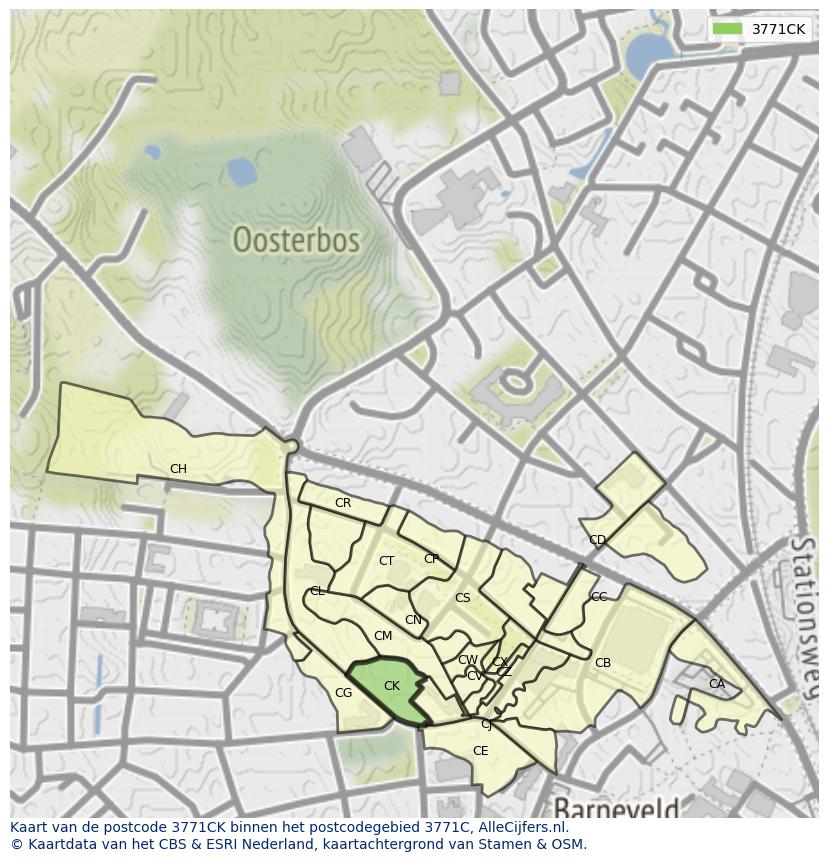 Afbeelding van het postcodegebied 3771 CK op de kaart.