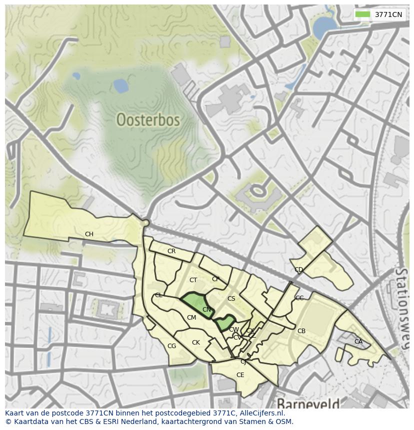 Afbeelding van het postcodegebied 3771 CN op de kaart.