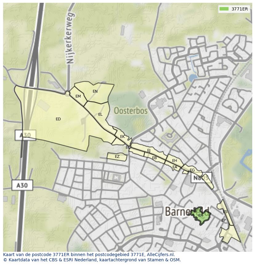 Afbeelding van het postcodegebied 3771 ER op de kaart.