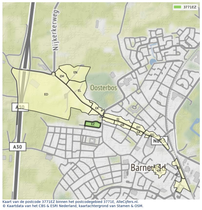 Afbeelding van het postcodegebied 3771 EZ op de kaart.