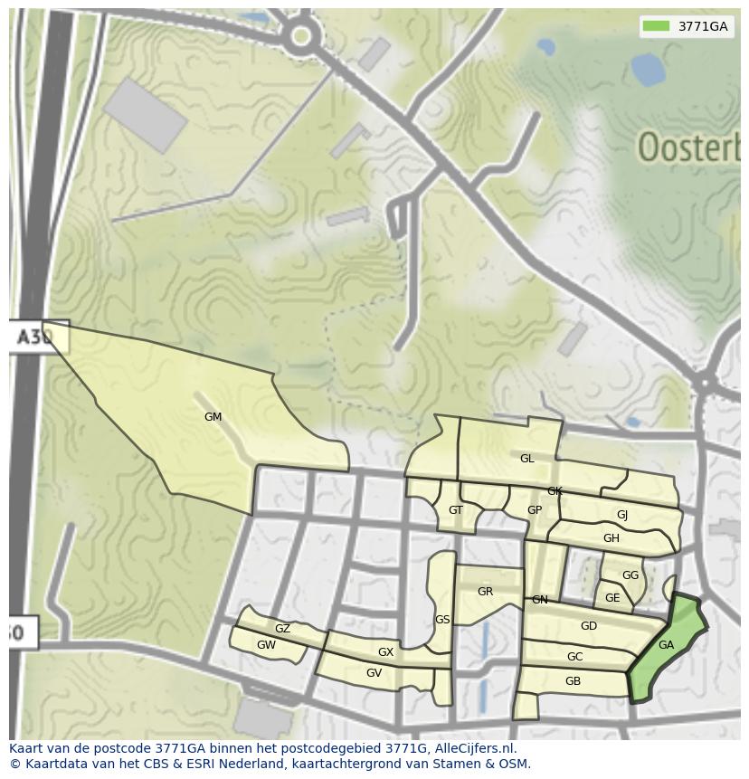 Afbeelding van het postcodegebied 3771 GA op de kaart.