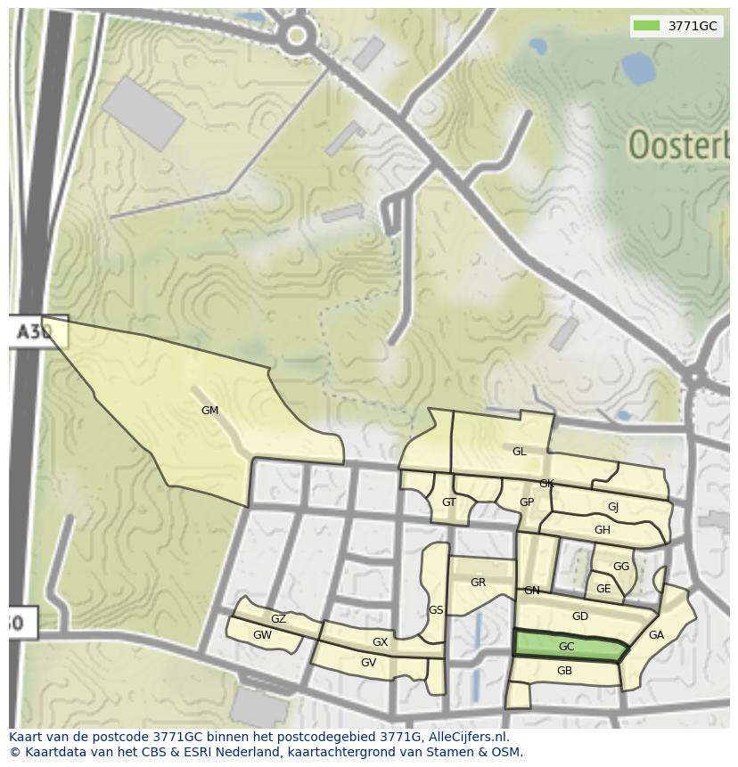 Afbeelding van het postcodegebied 3771 GC op de kaart.