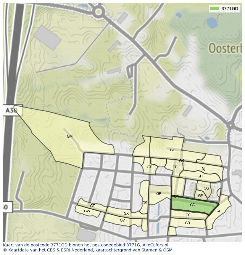 Afbeelding van het postcodegebied 3771 GD op de kaart.