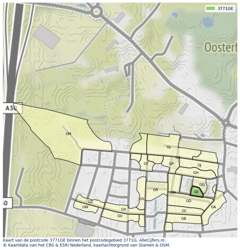Afbeelding van het postcodegebied 3771 GE op de kaart.