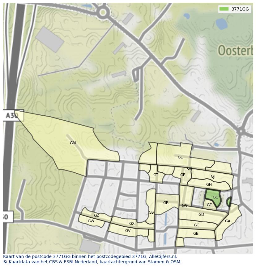 Afbeelding van het postcodegebied 3771 GG op de kaart.