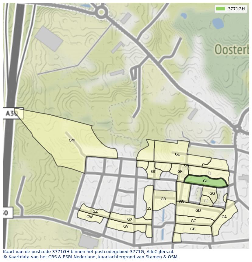 Afbeelding van het postcodegebied 3771 GH op de kaart.