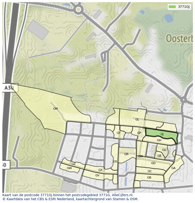 Afbeelding van het postcodegebied 3771 GJ op de kaart.