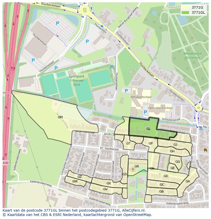 Afbeelding van het postcodegebied 3771 GL op de kaart.
