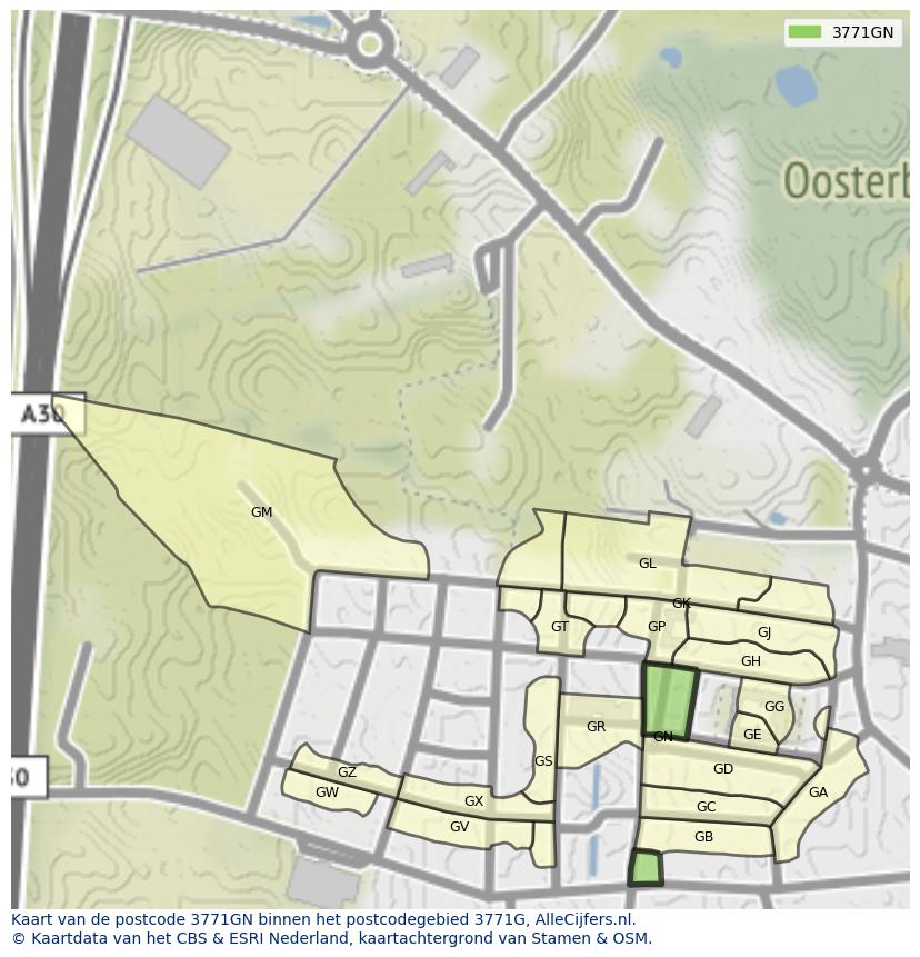 Afbeelding van het postcodegebied 3771 GN op de kaart.