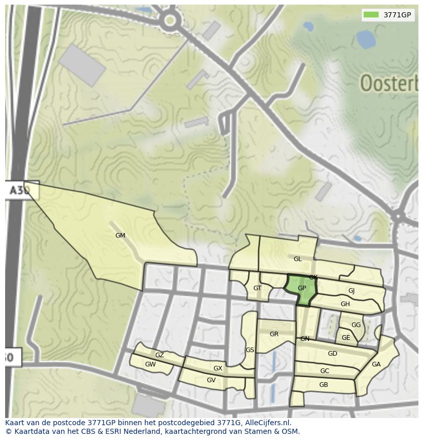 Afbeelding van het postcodegebied 3771 GP op de kaart.
