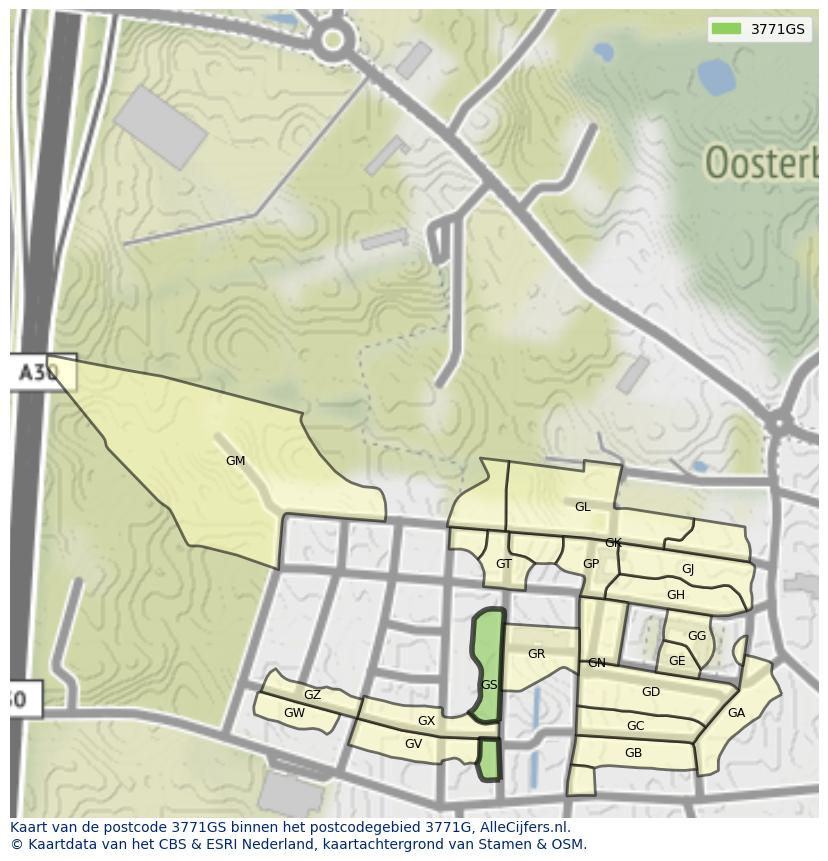 Afbeelding van het postcodegebied 3771 GS op de kaart.