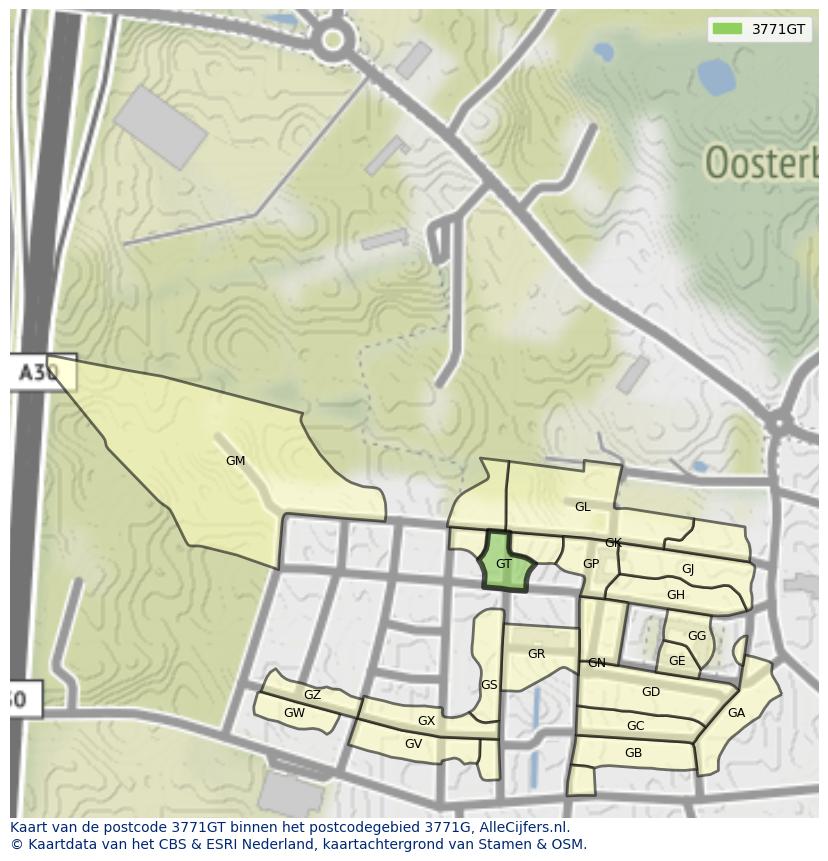 Afbeelding van het postcodegebied 3771 GT op de kaart.