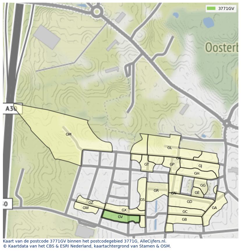 Afbeelding van het postcodegebied 3771 GV op de kaart.
