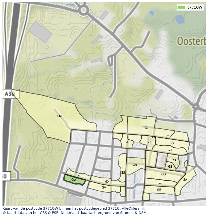 Afbeelding van het postcodegebied 3771 GW op de kaart.