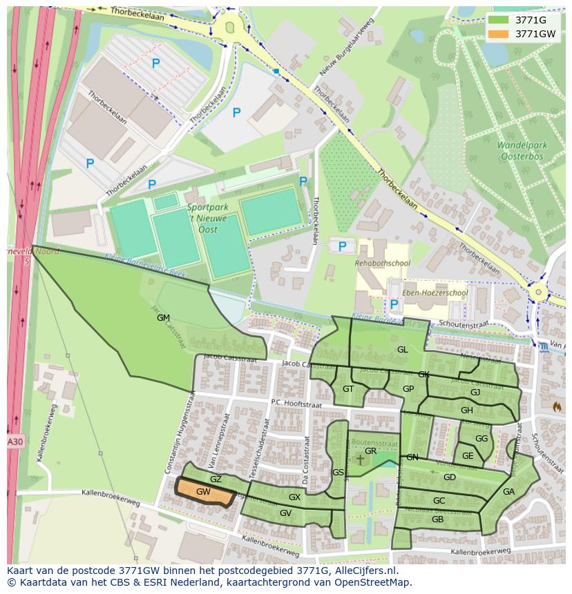 Afbeelding van het postcodegebied 3771 GW op de kaart.