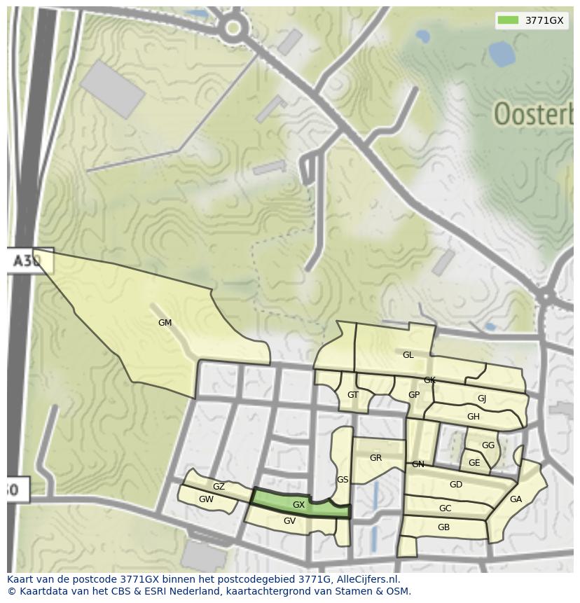 Afbeelding van het postcodegebied 3771 GX op de kaart.
