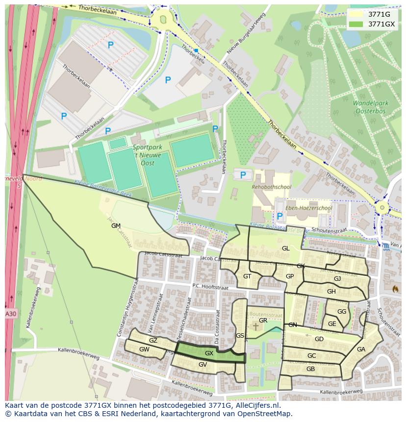 Afbeelding van het postcodegebied 3771 GX op de kaart.