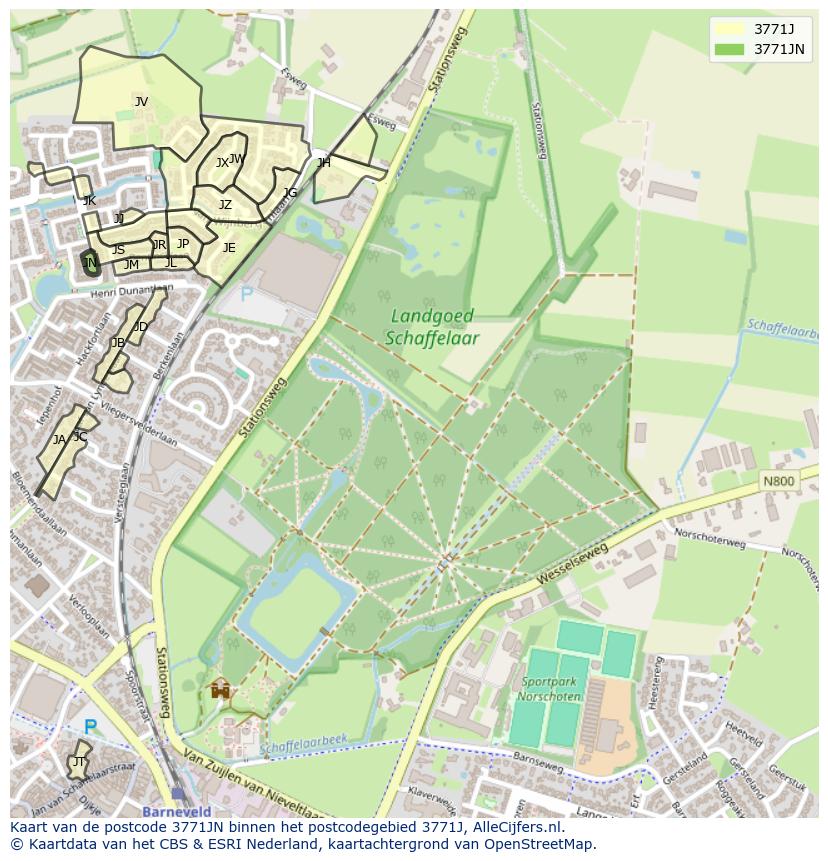 Afbeelding van het postcodegebied 3771 JN op de kaart.