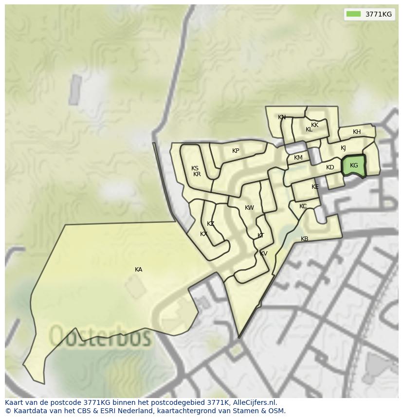Afbeelding van het postcodegebied 3771 KG op de kaart.