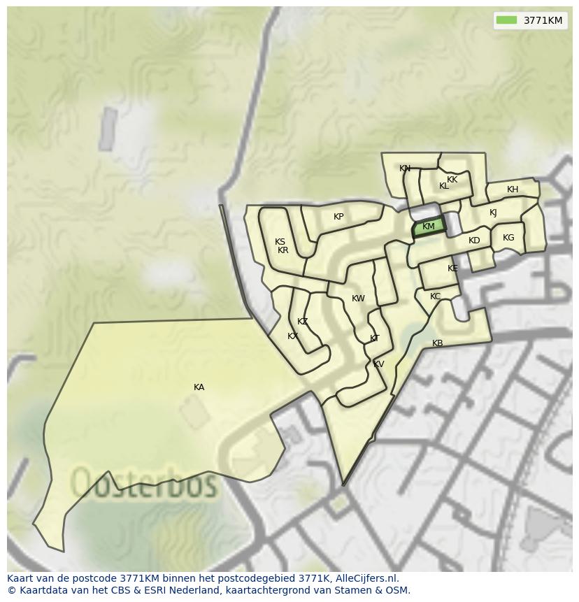 Afbeelding van het postcodegebied 3771 KM op de kaart.