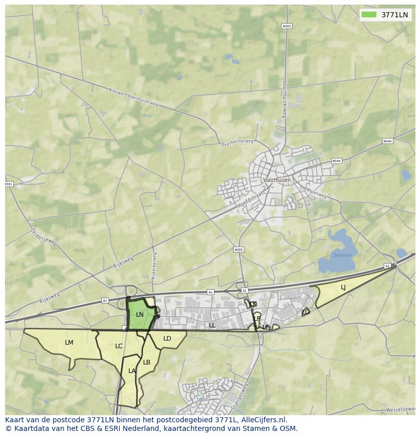 Afbeelding van het postcodegebied 3771 LN op de kaart.