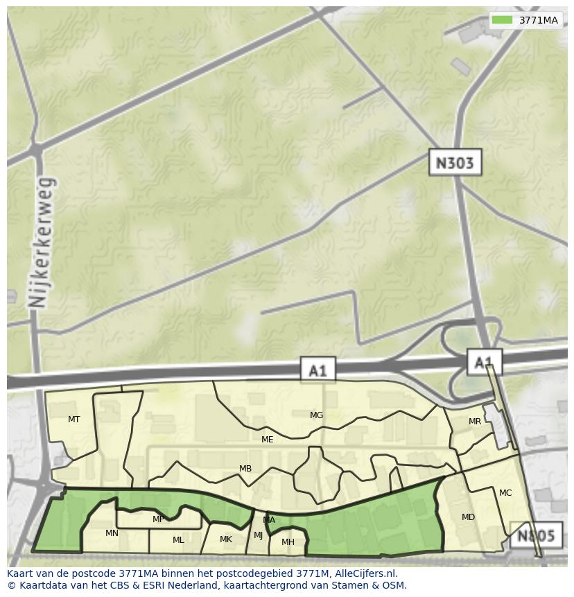 Afbeelding van het postcodegebied 3771 MA op de kaart.