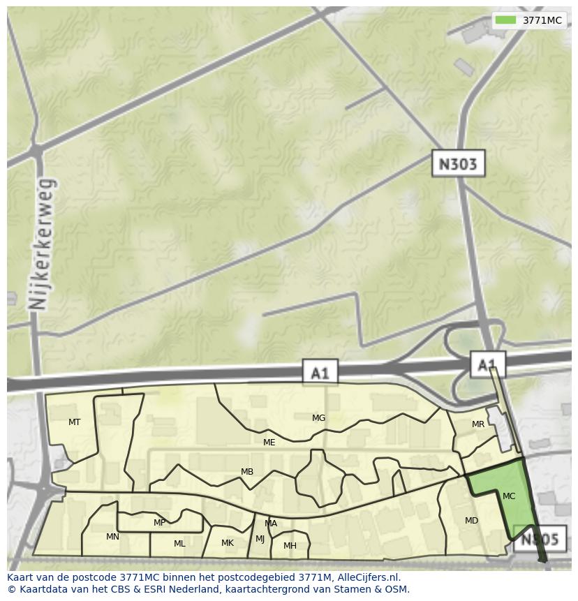 Afbeelding van het postcodegebied 3771 MC op de kaart.