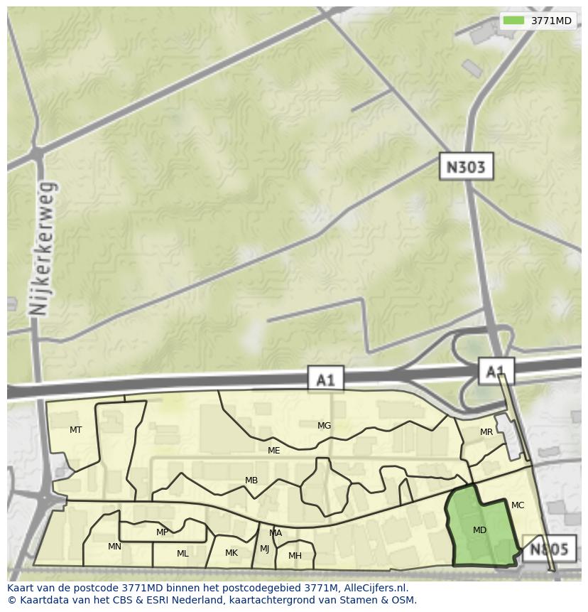 Afbeelding van het postcodegebied 3771 MD op de kaart.