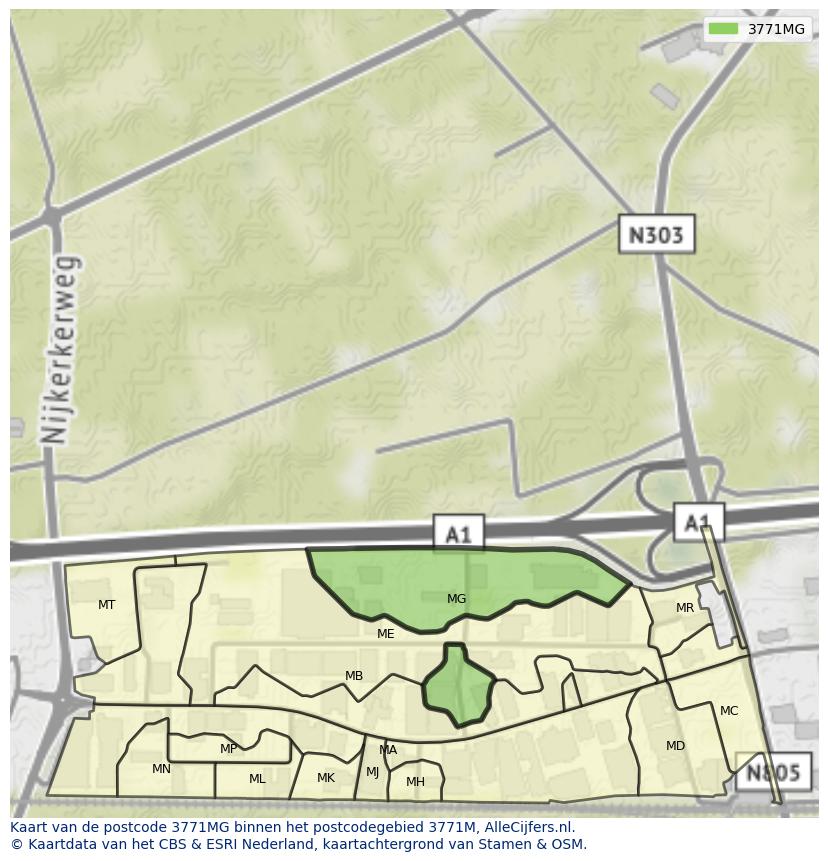 Afbeelding van het postcodegebied 3771 MG op de kaart.