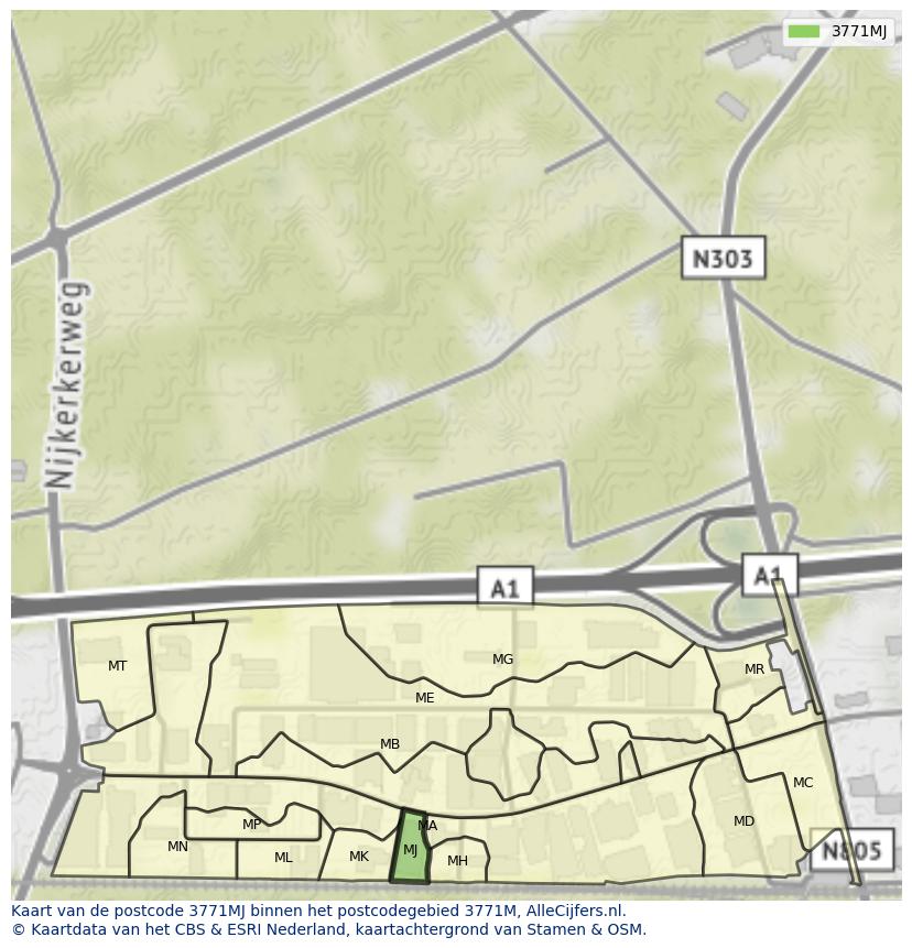 Afbeelding van het postcodegebied 3771 MJ op de kaart.