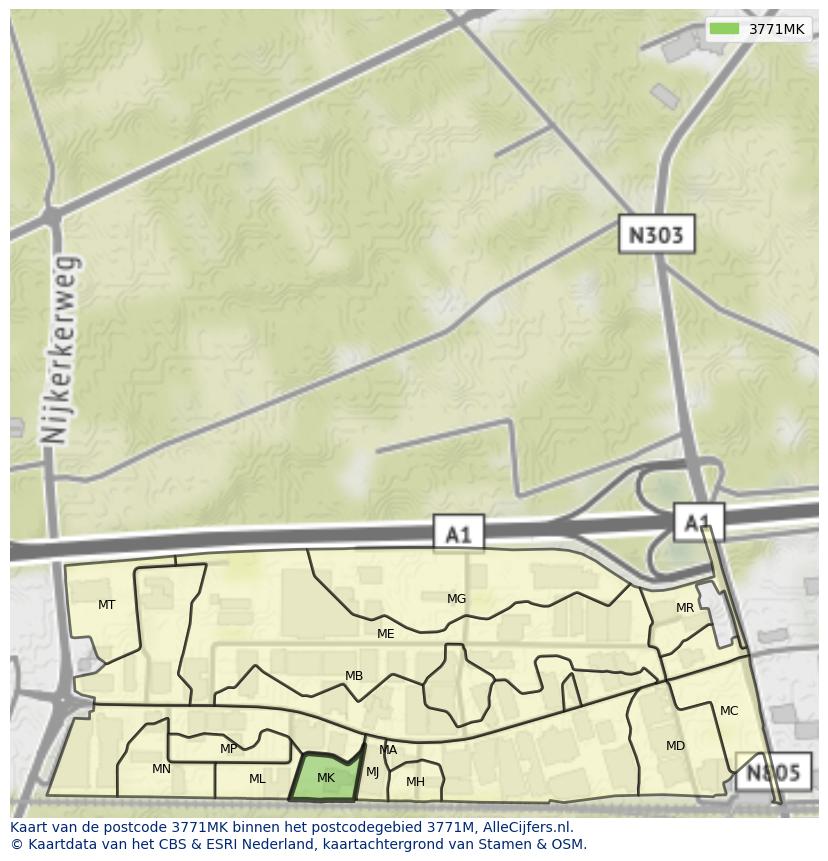 Afbeelding van het postcodegebied 3771 MK op de kaart.