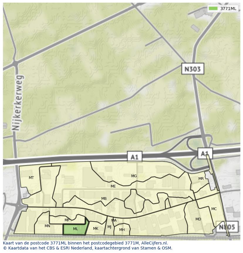 Afbeelding van het postcodegebied 3771 ML op de kaart.