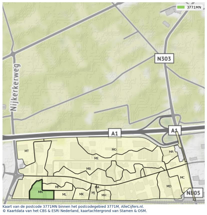 Afbeelding van het postcodegebied 3771 MN op de kaart.