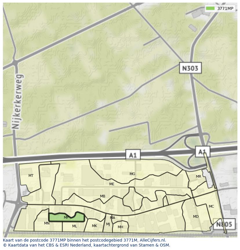 Afbeelding van het postcodegebied 3771 MP op de kaart.