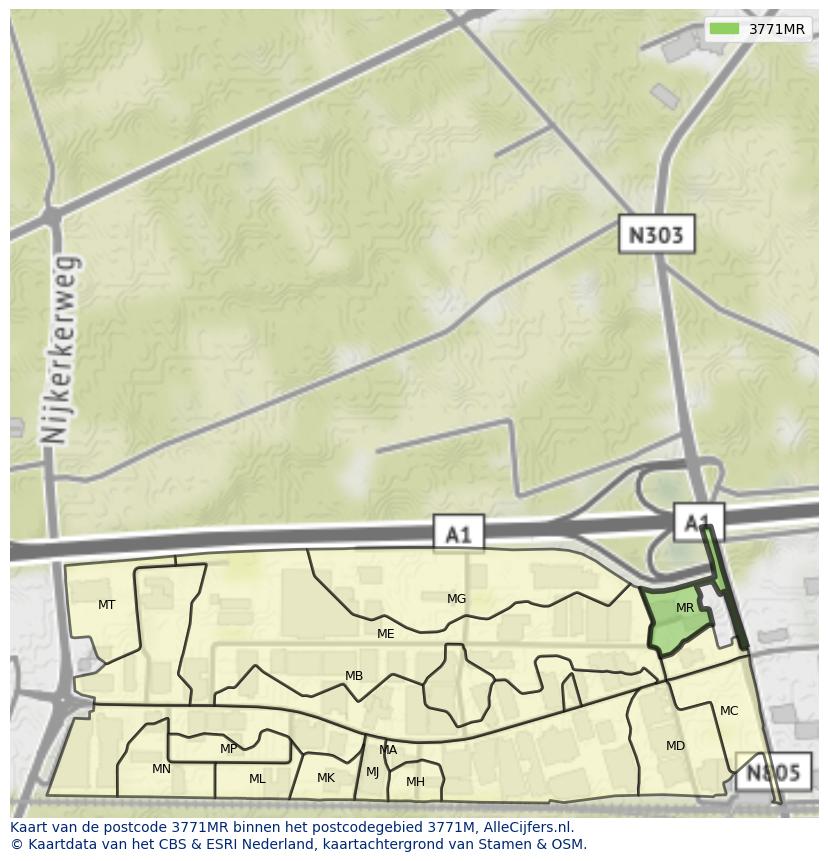 Afbeelding van het postcodegebied 3771 MR op de kaart.