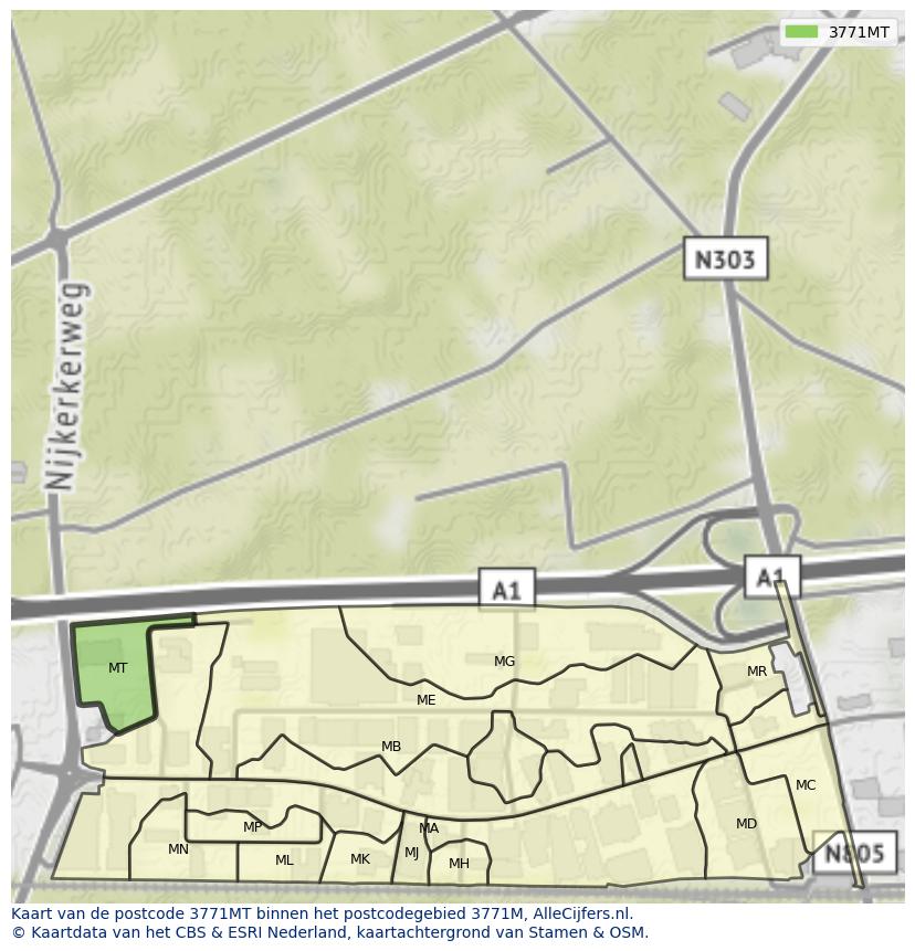 Afbeelding van het postcodegebied 3771 MT op de kaart.