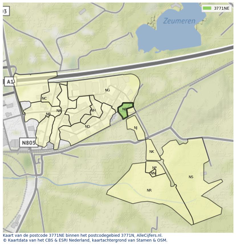Afbeelding van het postcodegebied 3771 NE op de kaart.