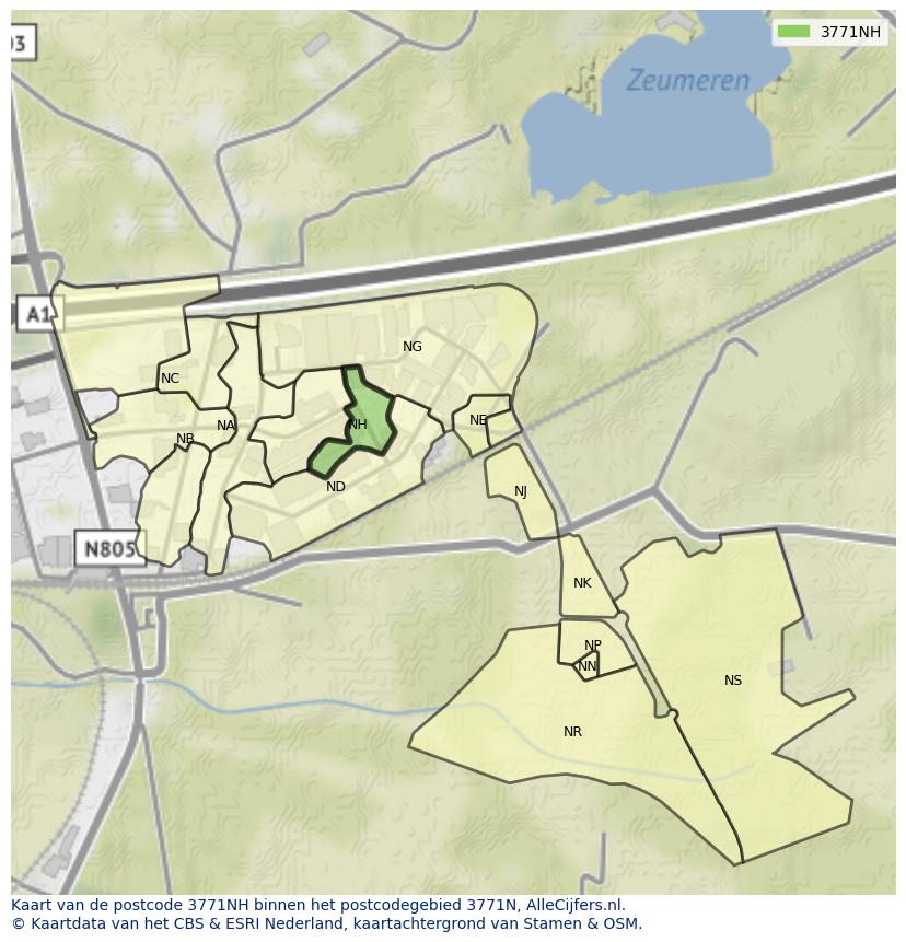 Afbeelding van het postcodegebied 3771 NH op de kaart.