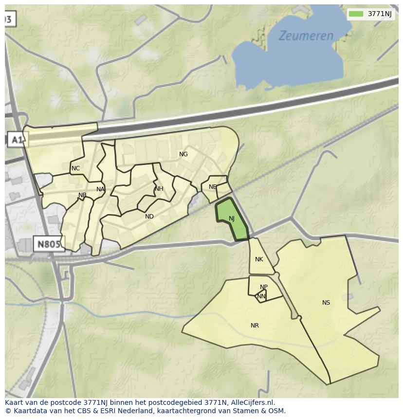 Afbeelding van het postcodegebied 3771 NJ op de kaart.