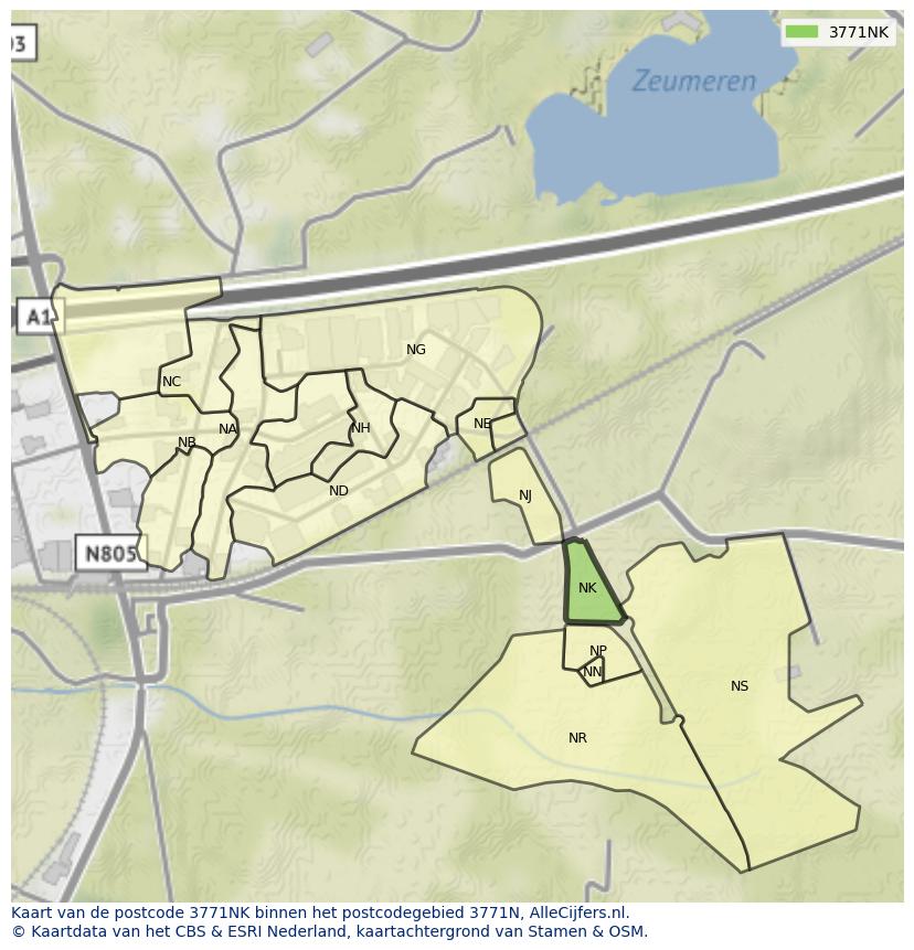 Afbeelding van het postcodegebied 3771 NK op de kaart.