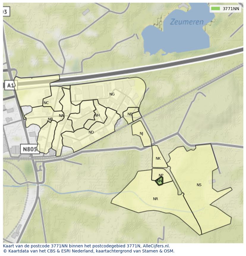 Afbeelding van het postcodegebied 3771 NN op de kaart.